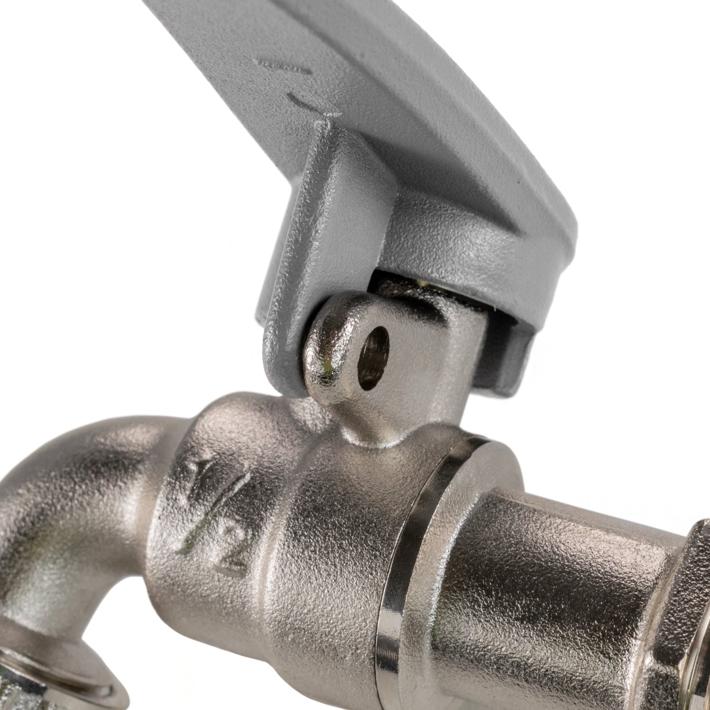 MDPE lever tap wall flange side lock close-up on metal fitting