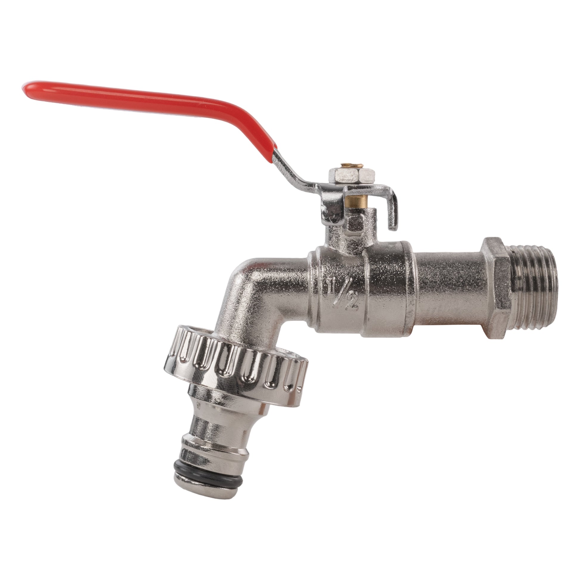 Lever tap with red handle, quick-connect outlet collar and threaded end