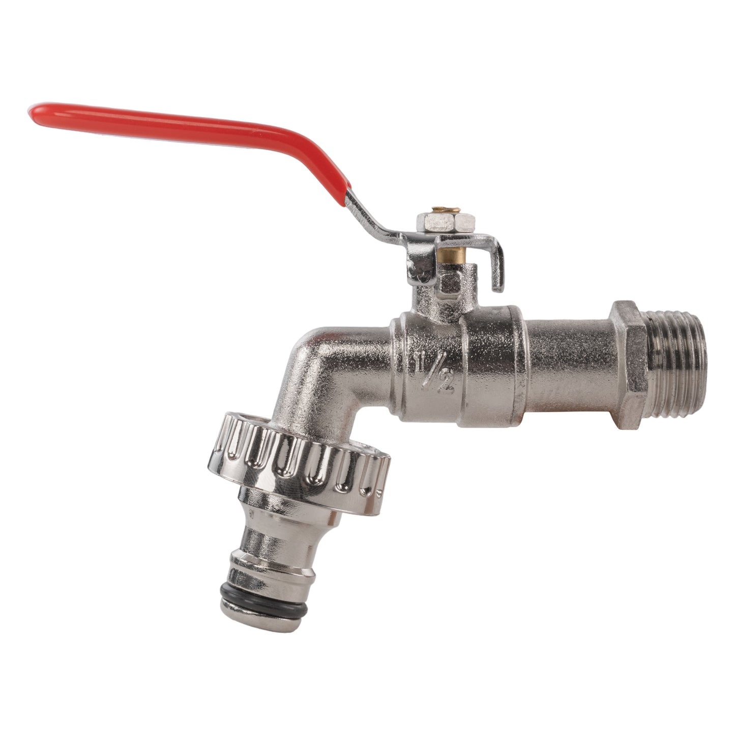 Chrome IBC tank valve connector with red lever handle and threaded outlet
