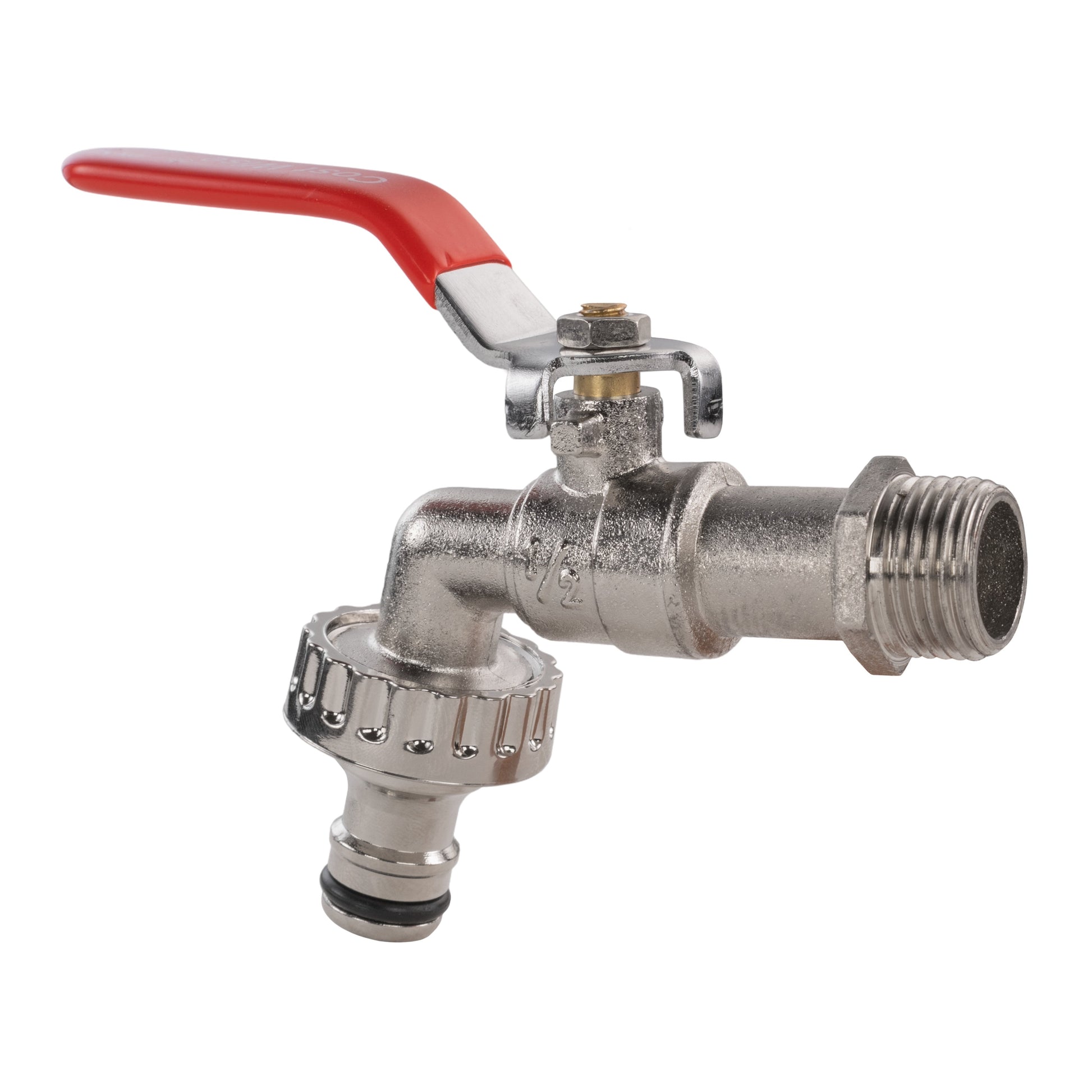IBC lever tap assembly with quick-connect base and male threaded outlet