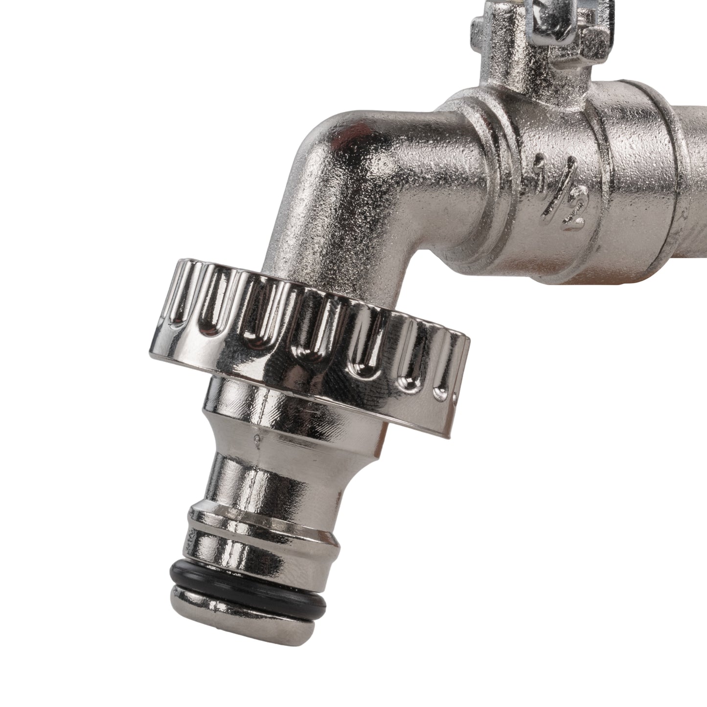 Metal elbow fitting with threaded port and quick-connect-style metal ring