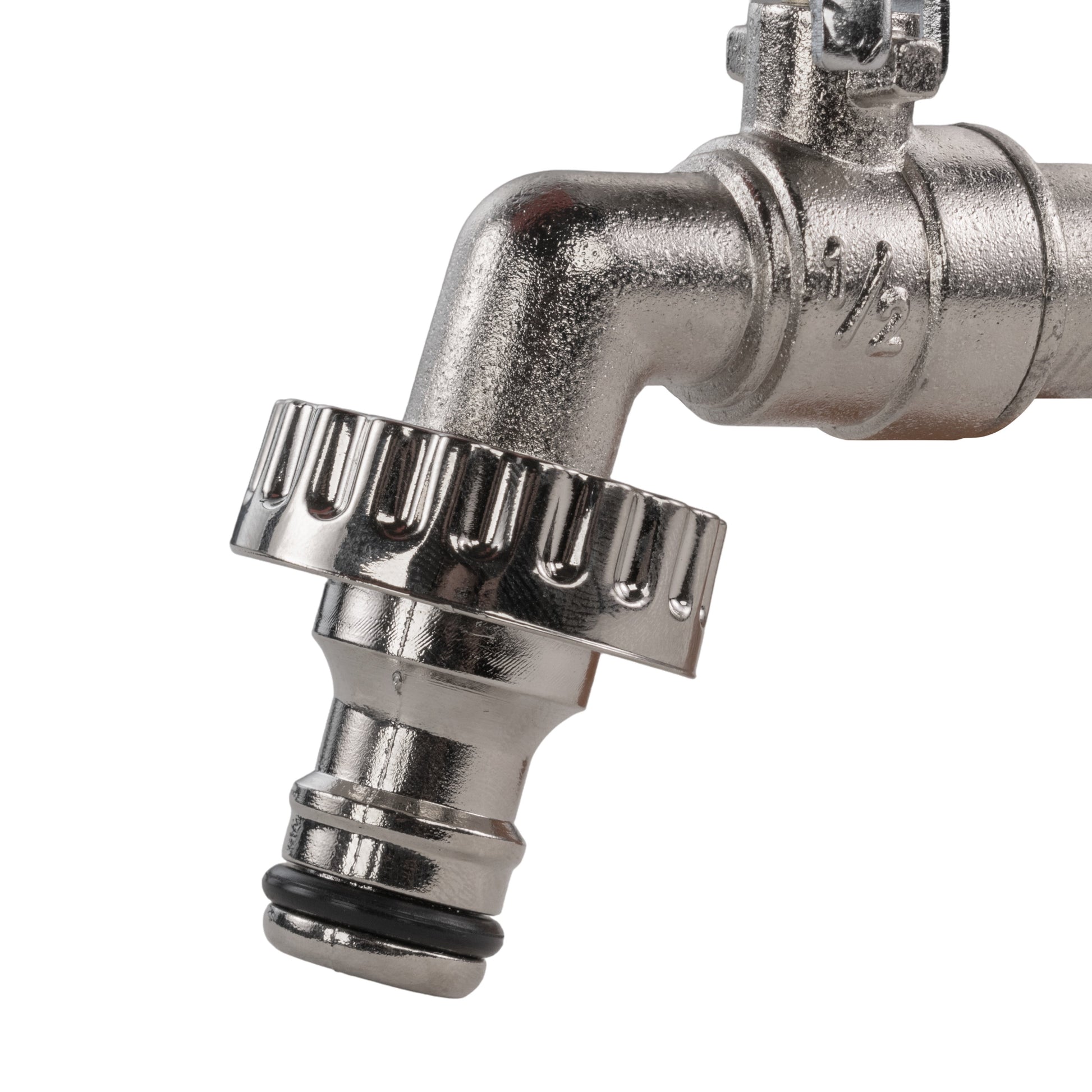 Chrome shutoff valve head with knurled grip and red handle linkage