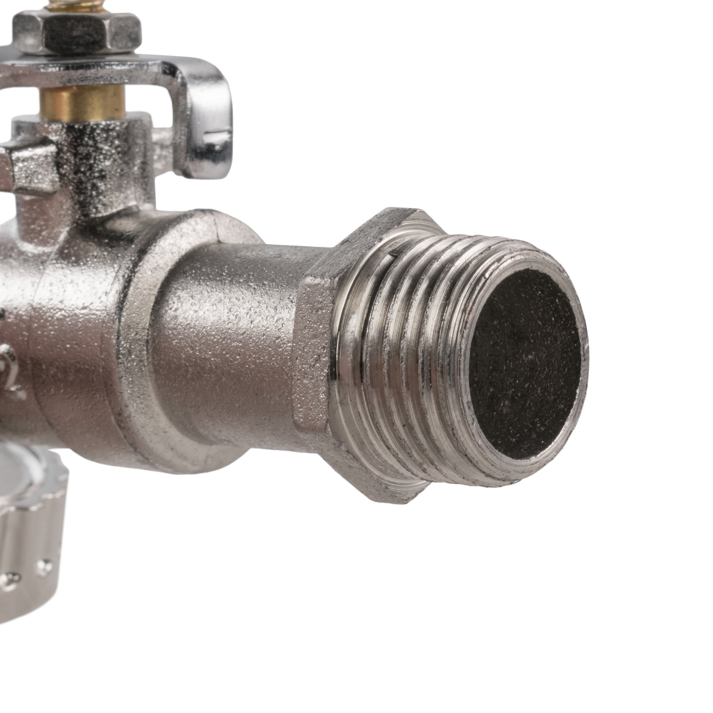 Metal valve section with side port and visible male threaded outlet