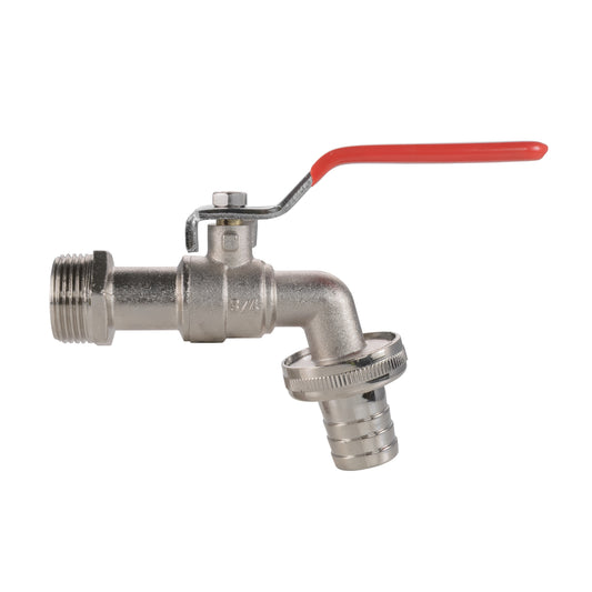 Zinc nickel garden lever tap, red handle, 3/4 BSPM inlet and 3/4 barb hose