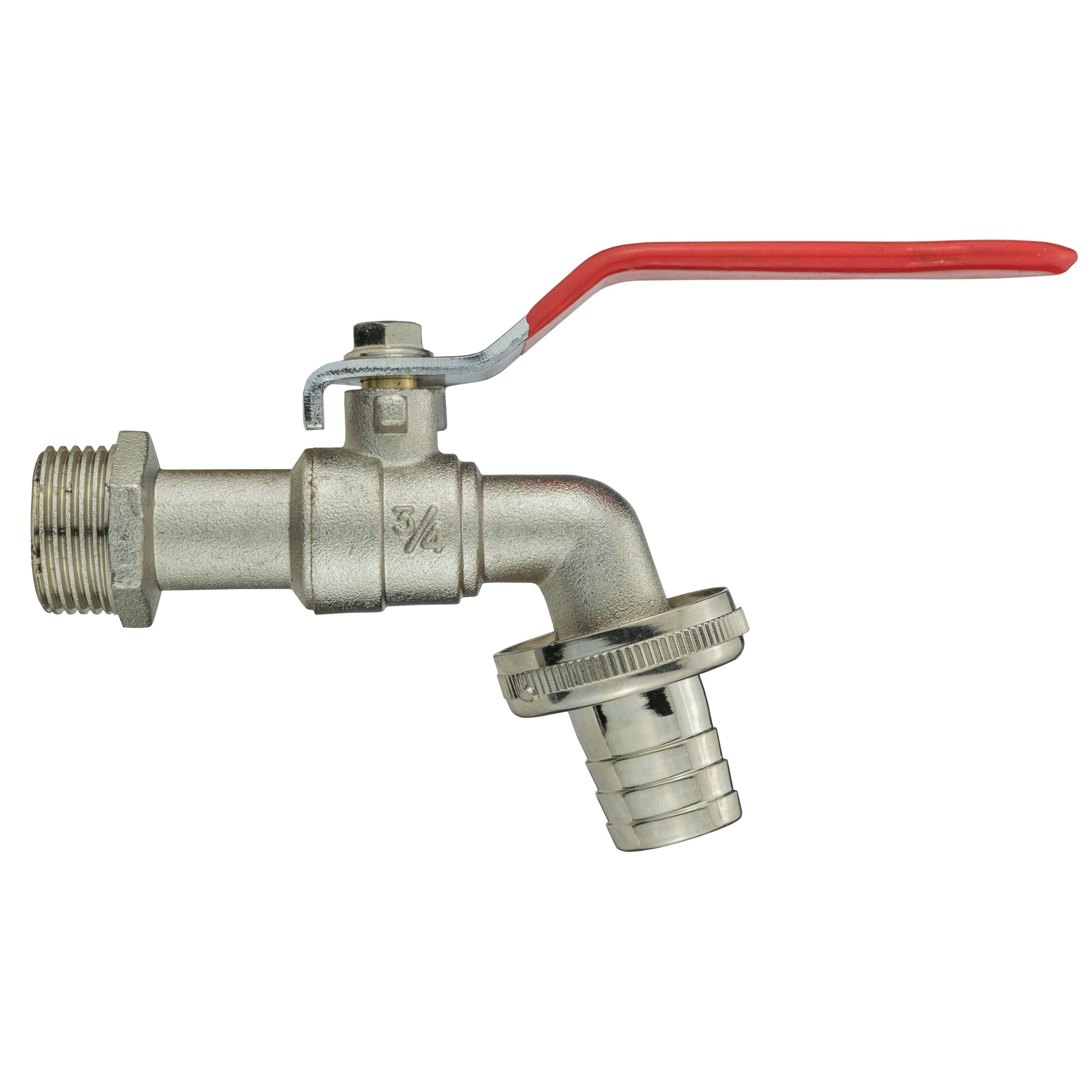 Hebel-Tap mit rotem Hebelgriff und 90° Anschlussbogen, Metall