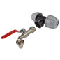 MDPE lever tap with barb outlet, red lever handle and grey/black pipe fittings