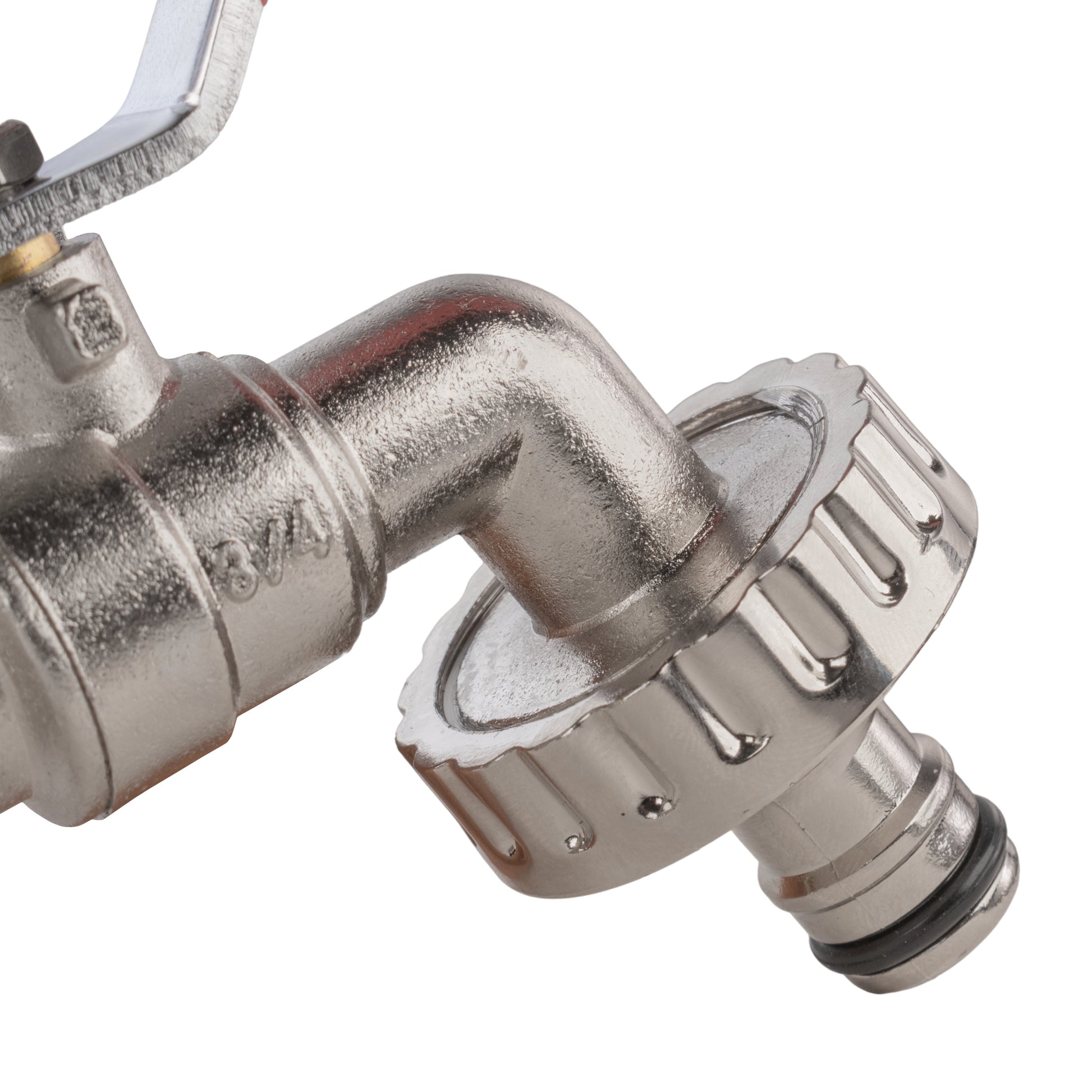 Metal quick-connect outlet with red lever tap handle, part of 32mm flange kit