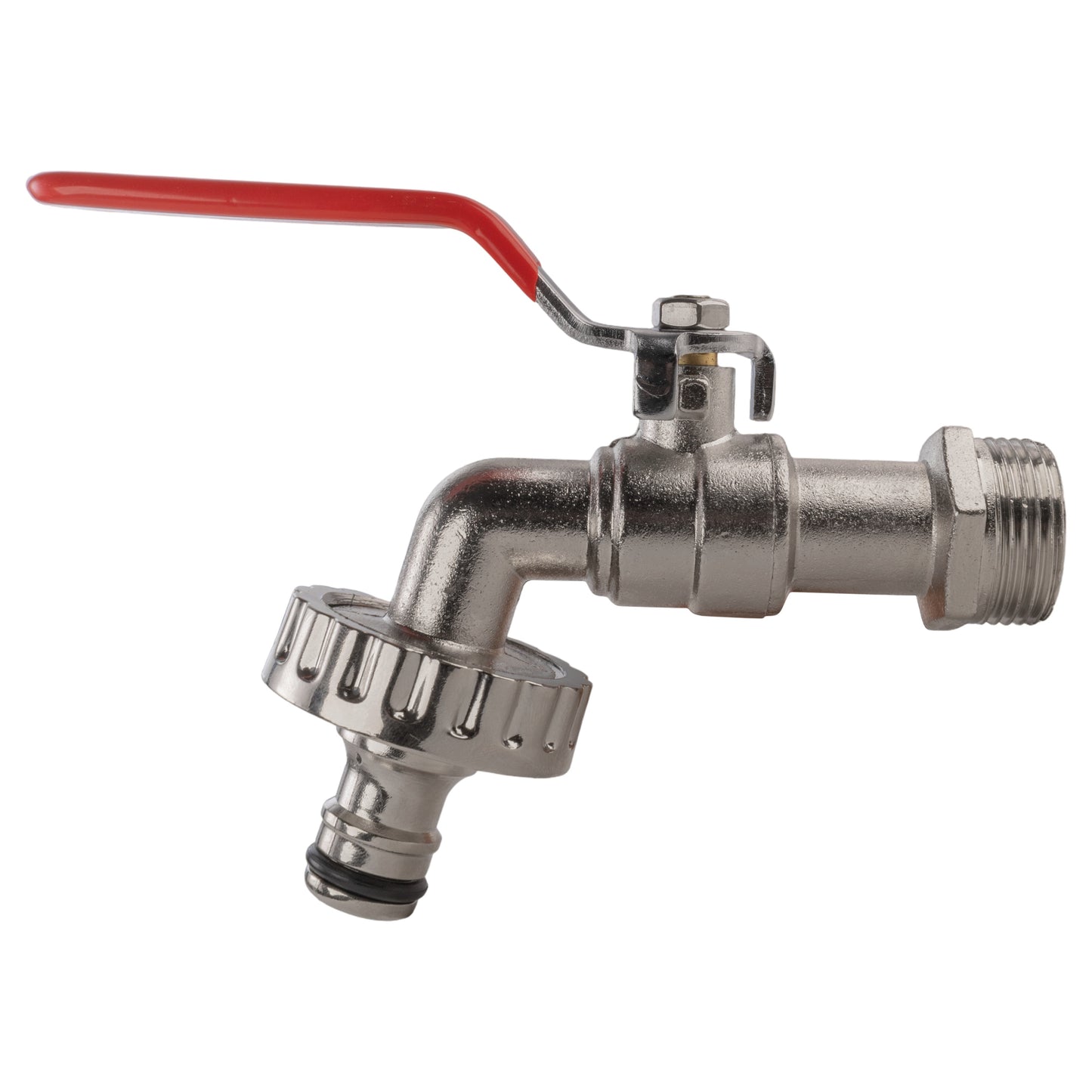MDPE tee tap fitting with red lever handle and threaded connection