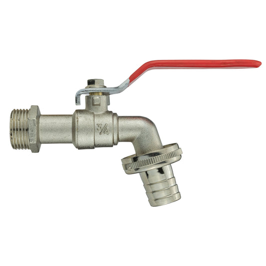 Garden lever tap in nickel-plated brass, red lever, 3/4" BSPM inlet barb outlet