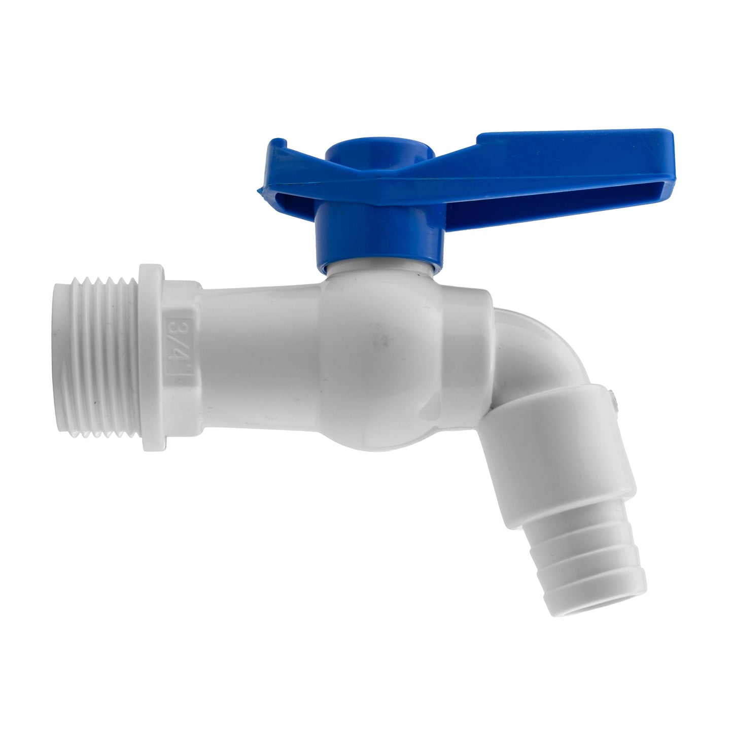 White PVC tap connector with blue lever and elbow outlet fitting