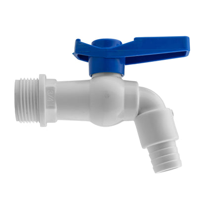 White PVC tap connector with blue lever and elbow outlet fitting