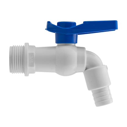 White PVC tap fitting with blue lever, threaded inlet, and elbow outlet