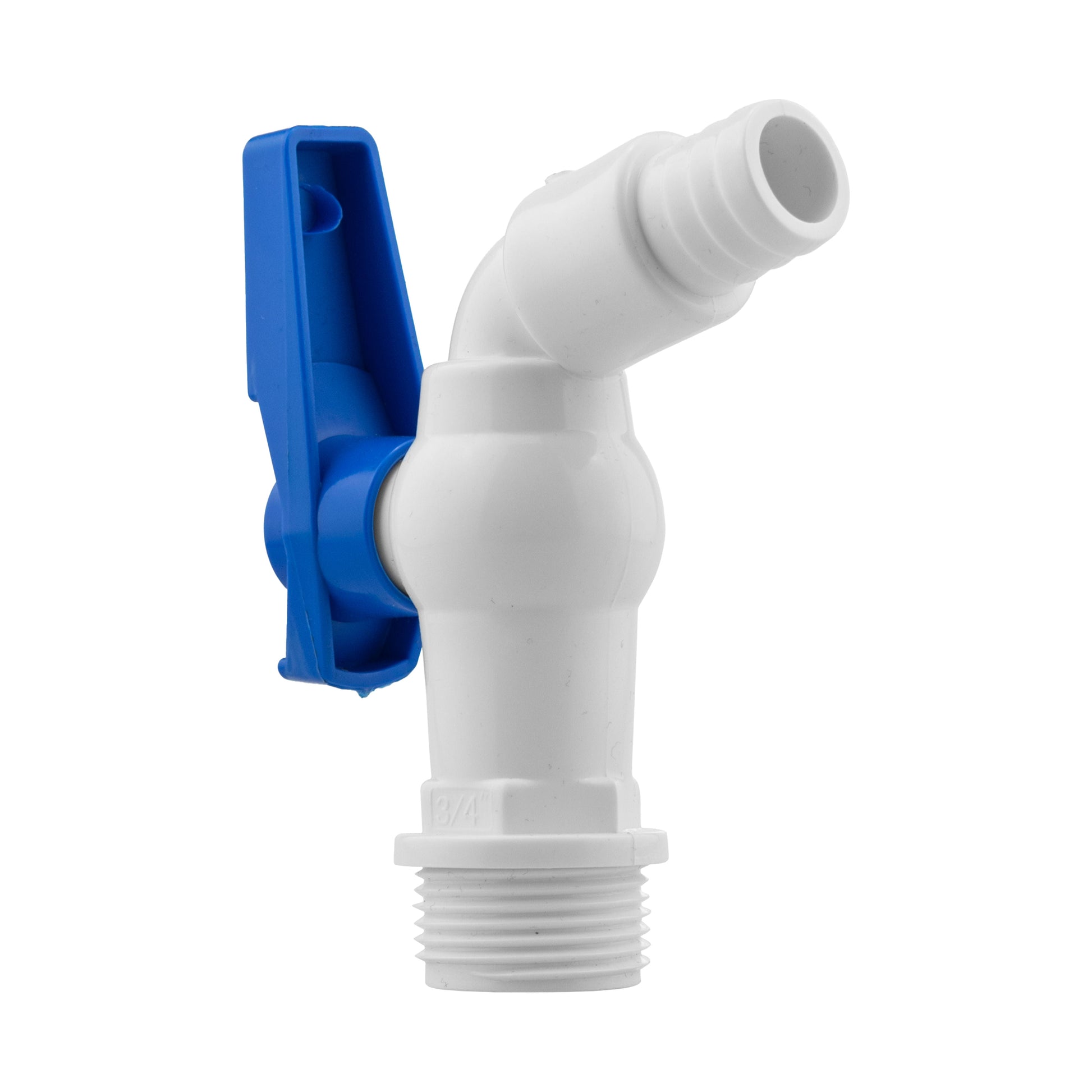 White plastic tap with blue clip and 3/4 threaded connection, angled view