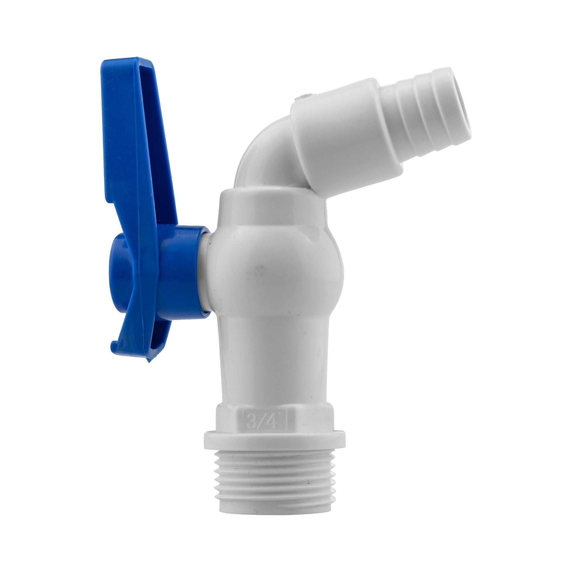 White plastic tap elbow with blue clip and threaded inlet, 3/4 marking