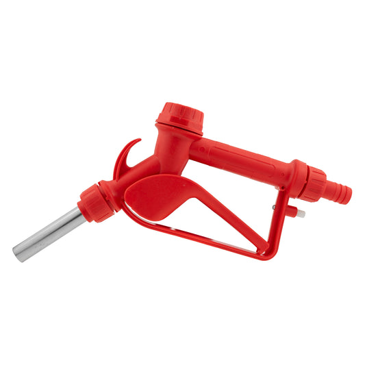Red fuel gun with 3/4" barb inlet and metal outlet, handheld dispensing tool