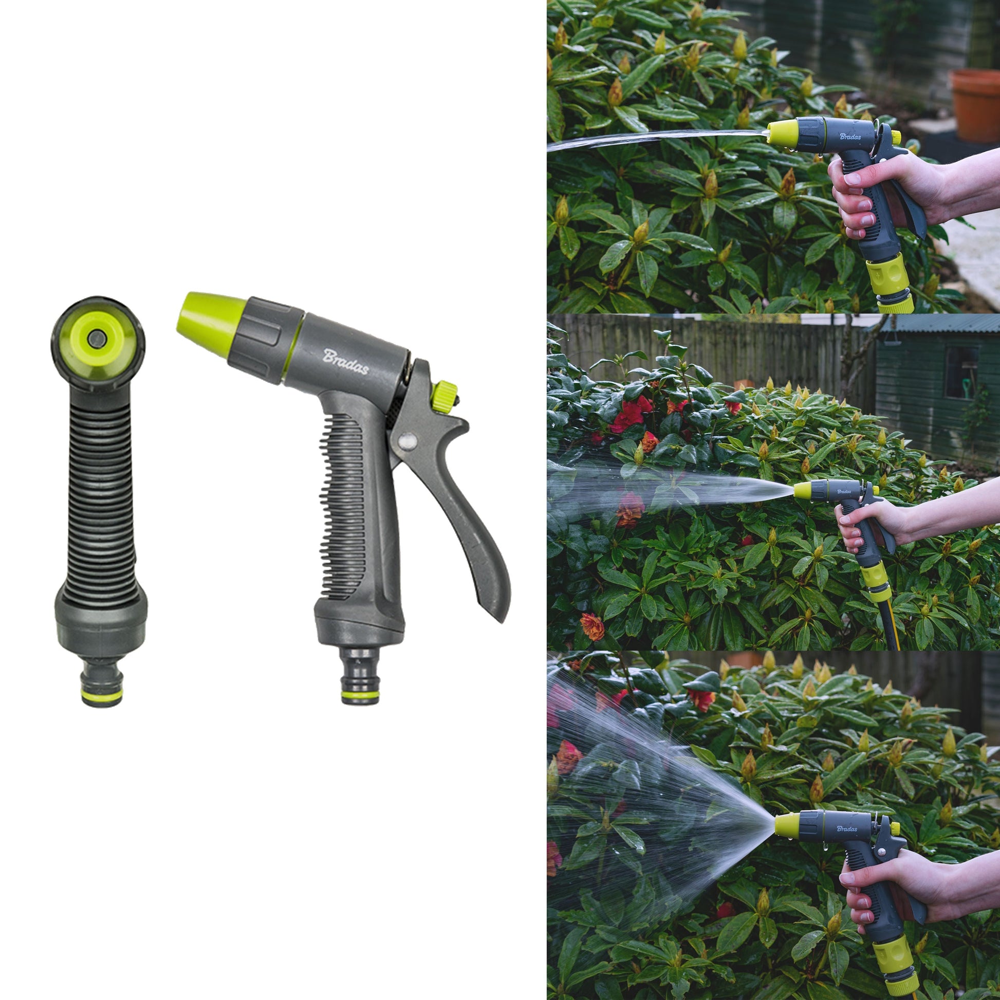 Wasserspritzpistole für Gartenschlauch, Limette, Düse und Schlauchanschluss im Detail