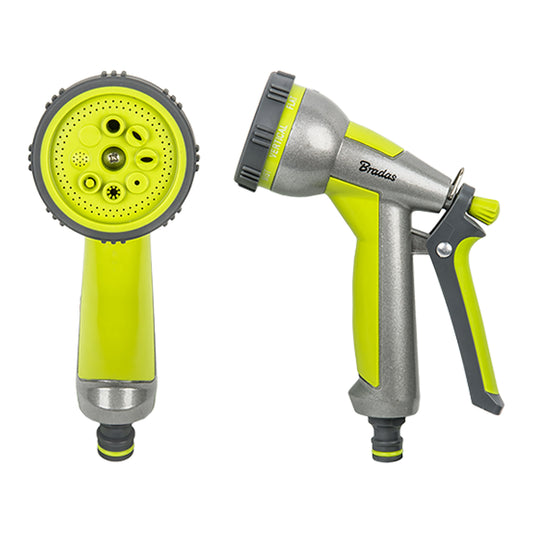 Lime & metal garden hose water sprayer, 8 functions, spray head and trigger handle
