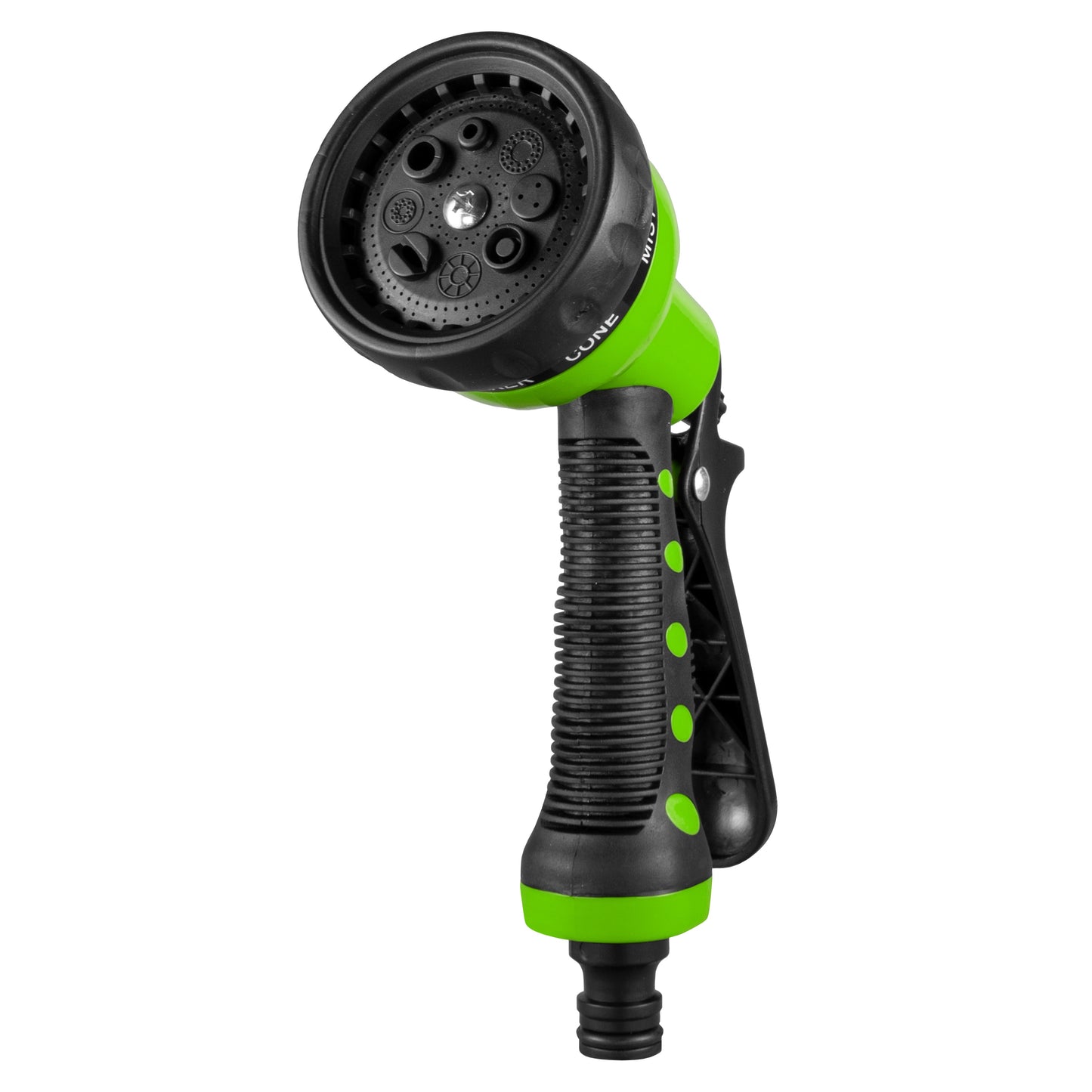 Green and black hose sprayer gun head with nozzle selector and multi-hole spray plate