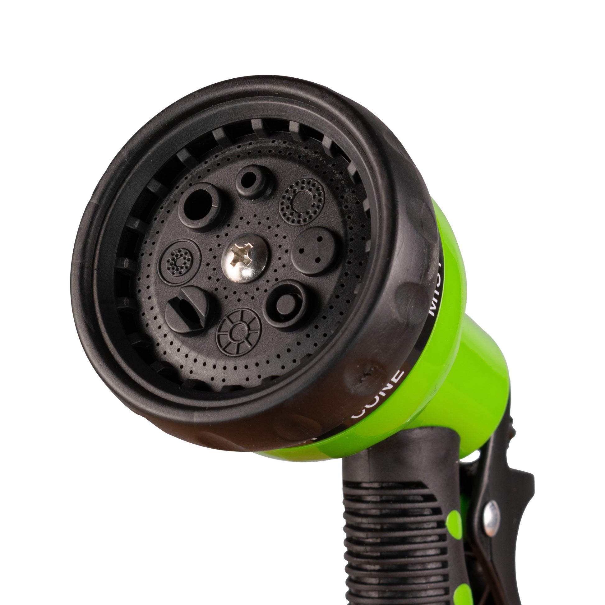 Close-up of green water sprayer gun nozzle plate with multiple spray settings