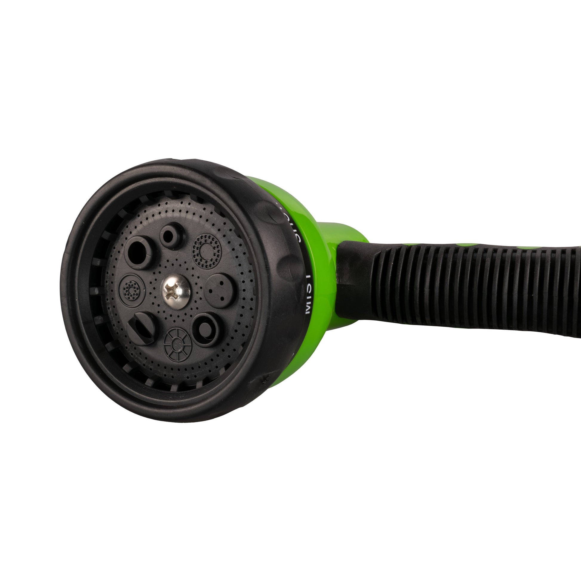 Green hose water sprayer gun face with circular multi-pattern nozzle selector