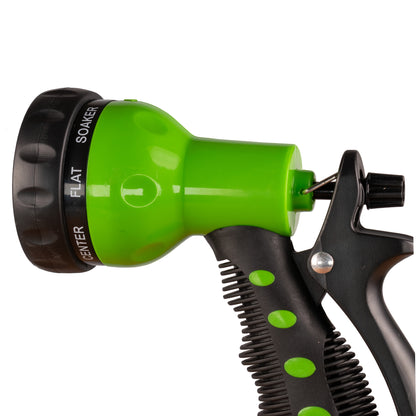 Green hose sprayer gun with black trigger handle and ribbed grip