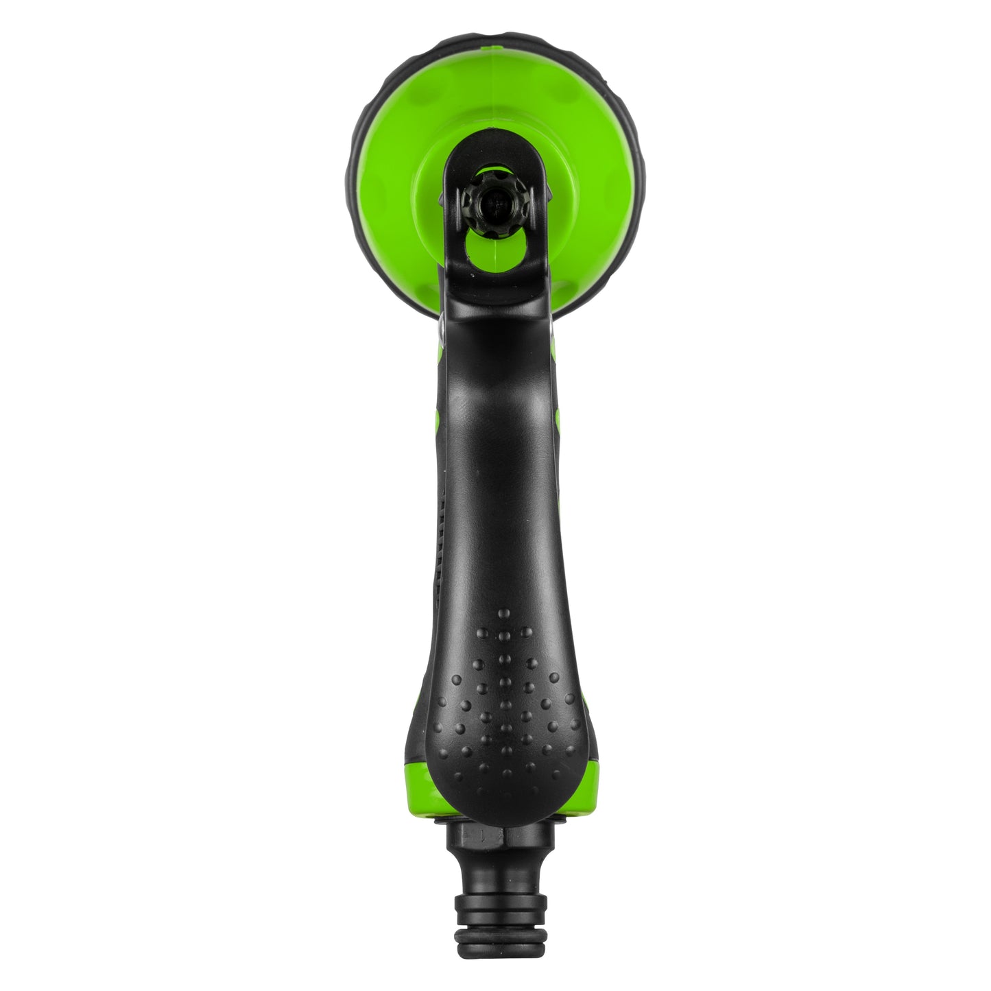 Front view of green spray head on black trigger handle with water outlet