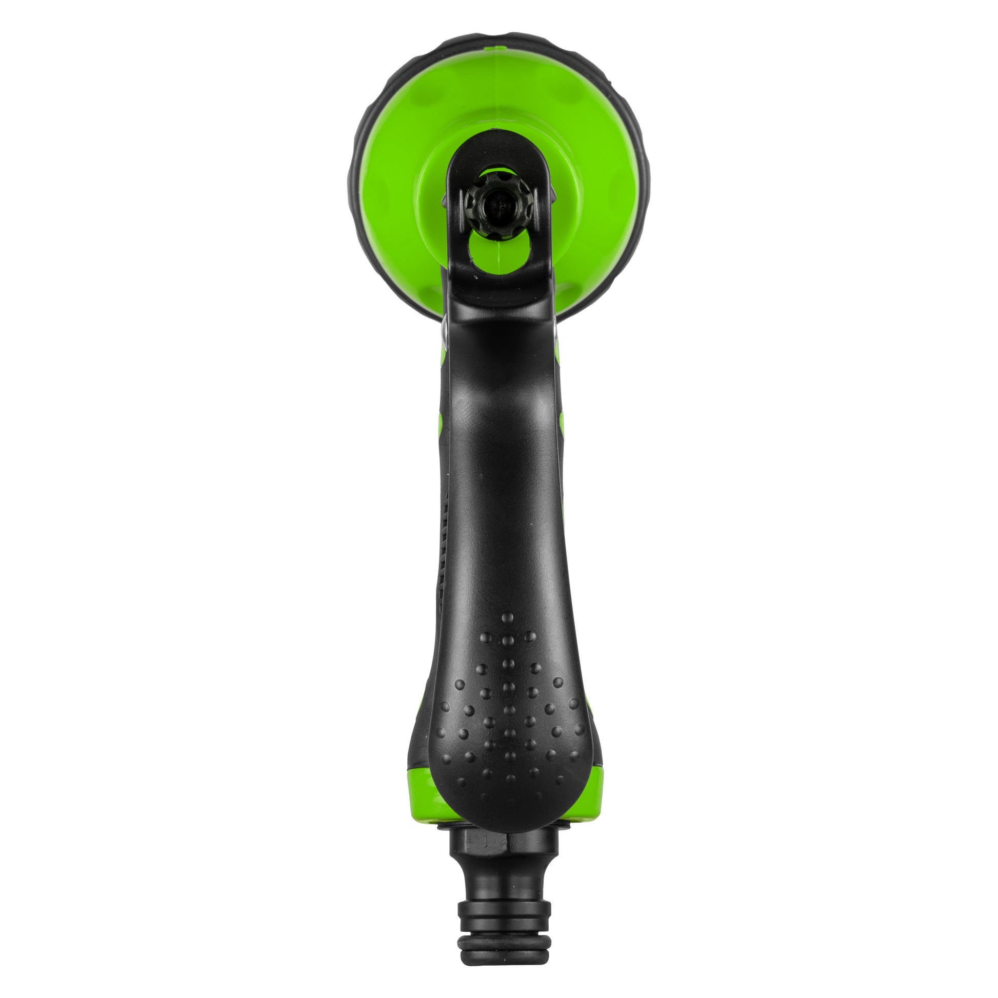 Front view of green spray head on black trigger handle with water outlet