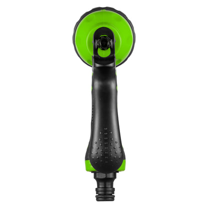 Front view of green spray head on black trigger handle with water outlet