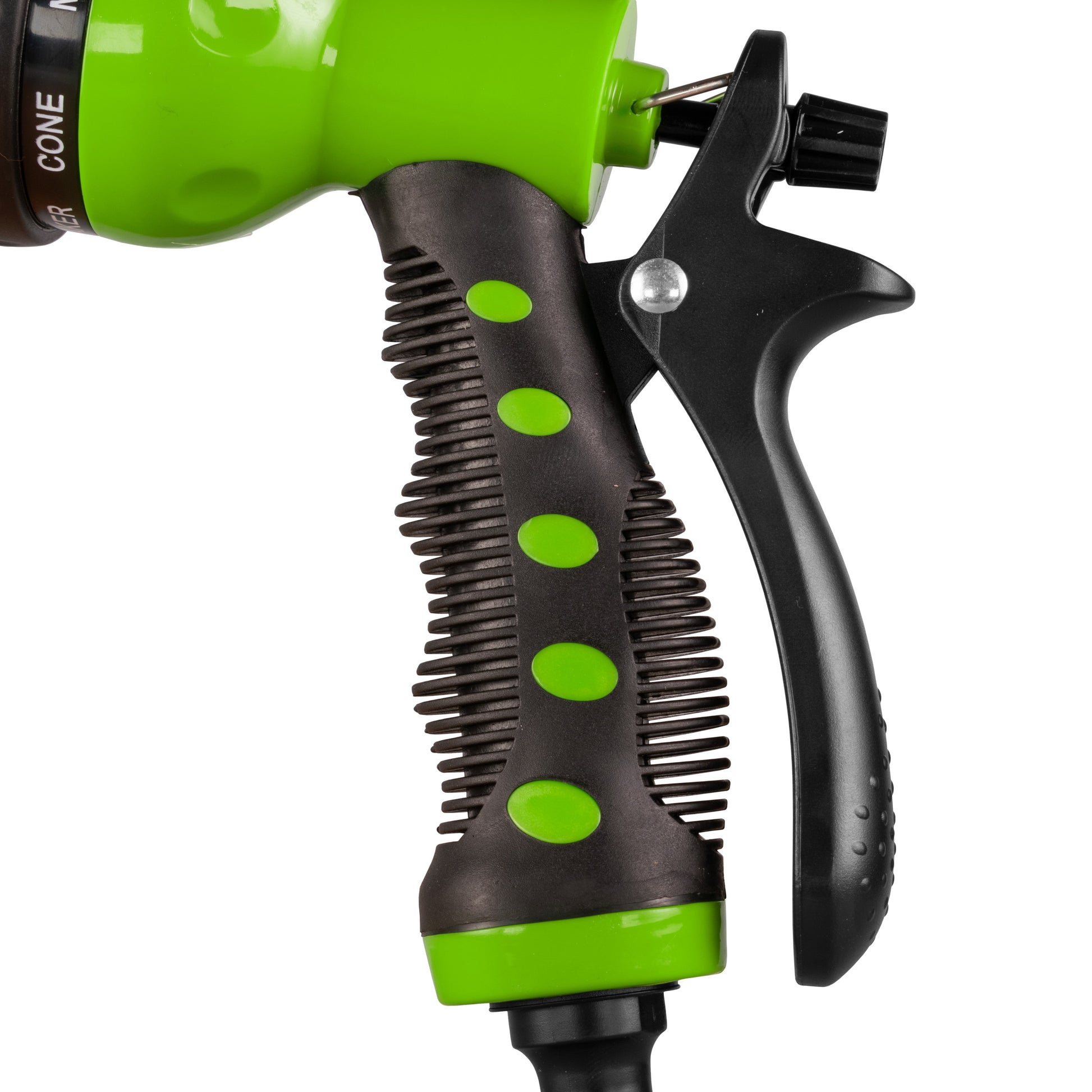 Black-and-green hose sprayer gun trigger and ribbed grip with lime control dots