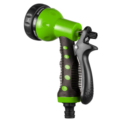 Green garden hose sprayer gun with black trigger and numbered pattern ring
