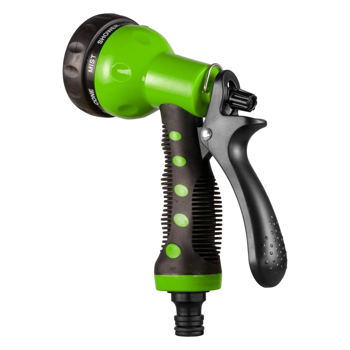Side view of green water sprayer gun with black trigger and ribbed hose connector