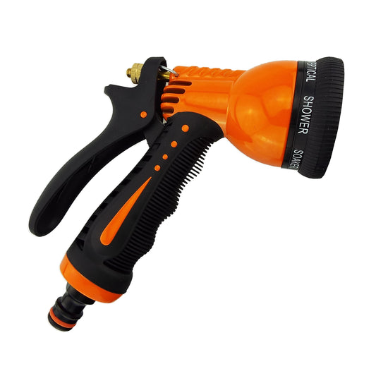 7-function garden hose sprayer, black and orange handle with thumb trigger