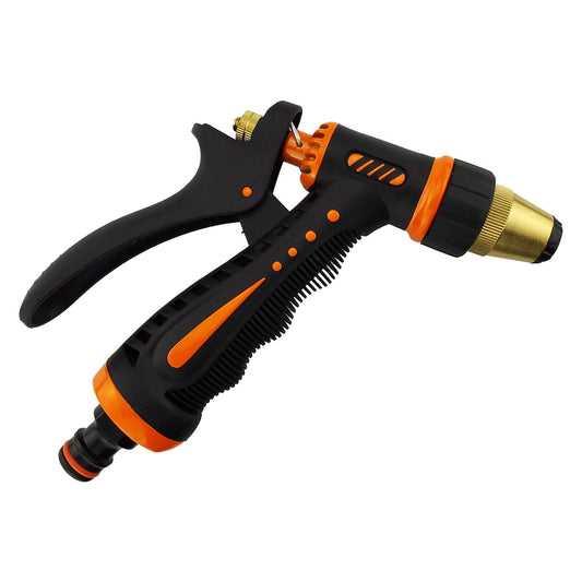 Adjustable garden hose sprayer with orange accents and black grip handle
