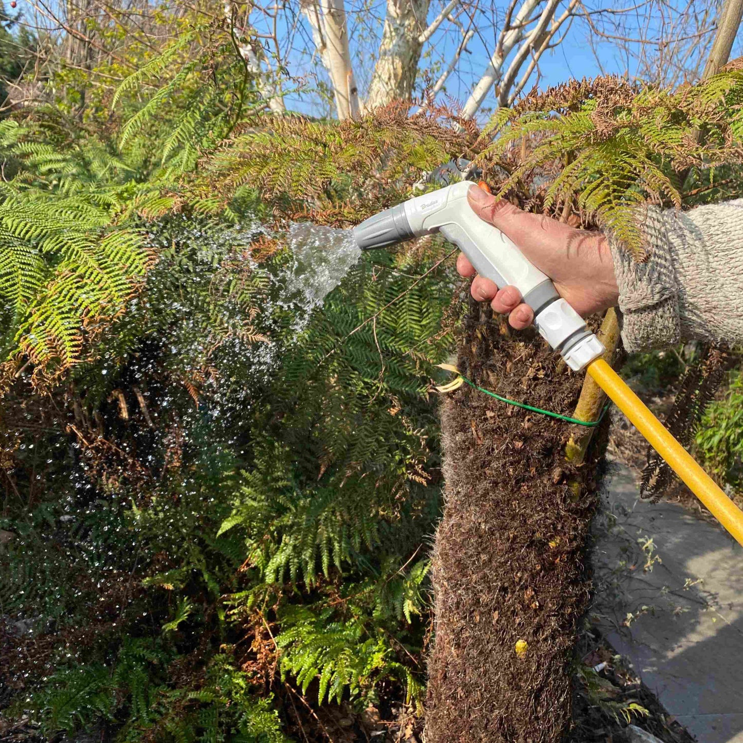 Hose sprayer gun releasing water spray, adjustable nozzle, held by hand