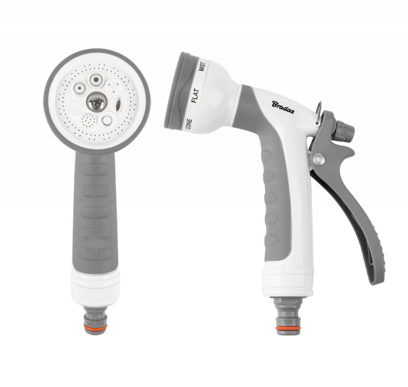 7-stufige Wasserspritzpistole für Gartenschlauch, weiß-grau, mit Sprühkopf