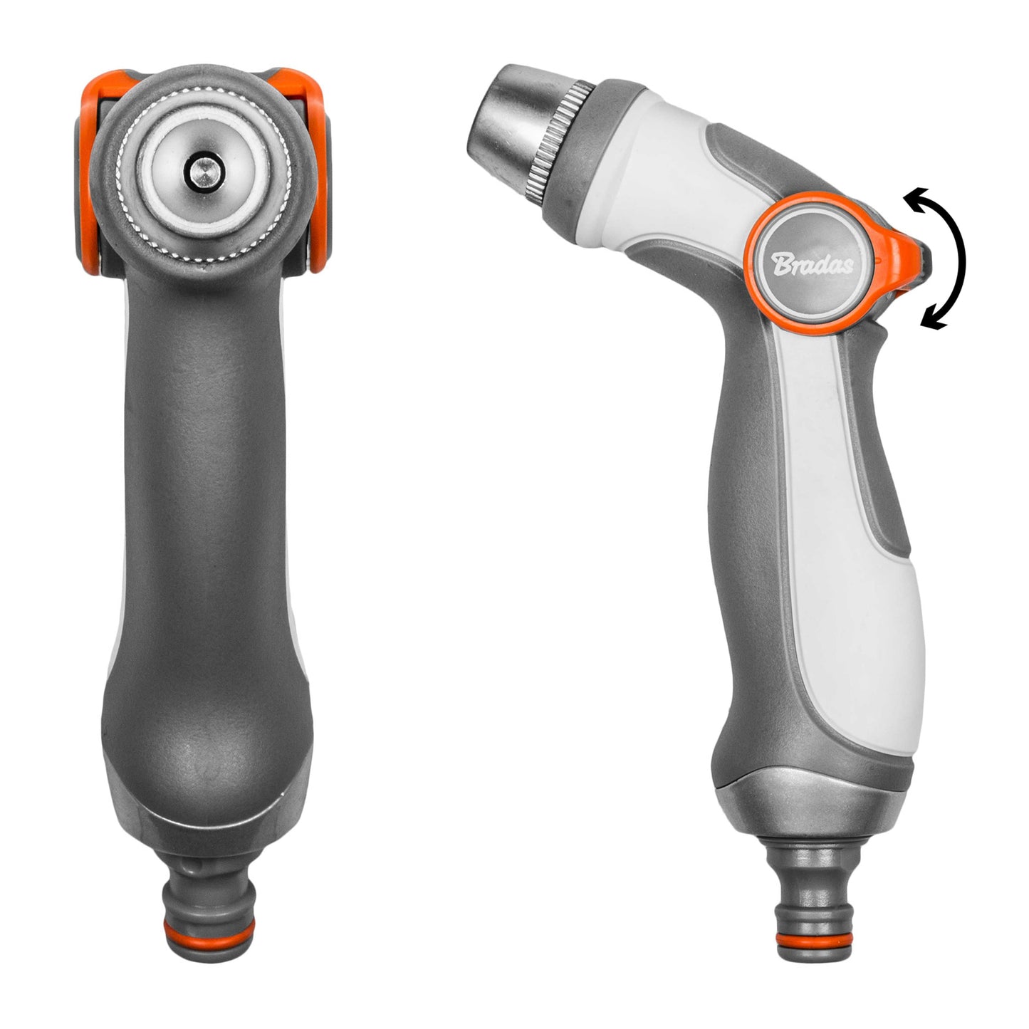 Adjustable hose water sprayer gun with rotating dial, dark grey and orange accents