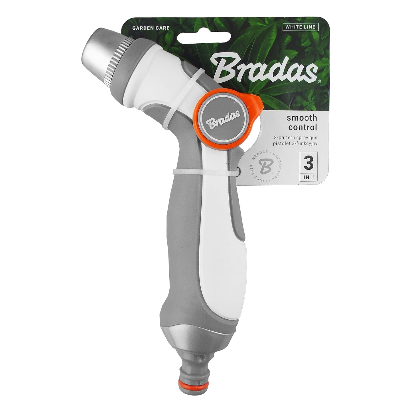 Bradas hose sprayer gun with smooth control and 3 spray settings, white and grey