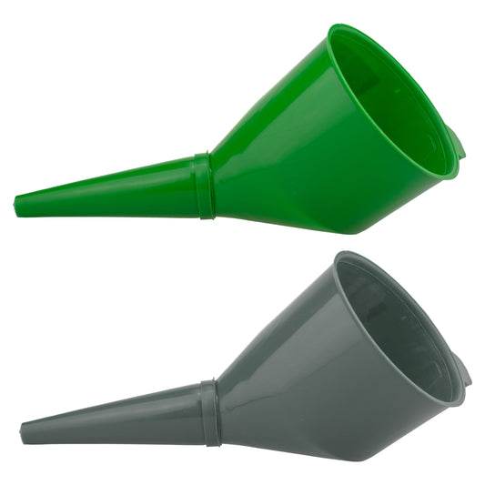 Angled car fuel funnel with spout, grey and green versions