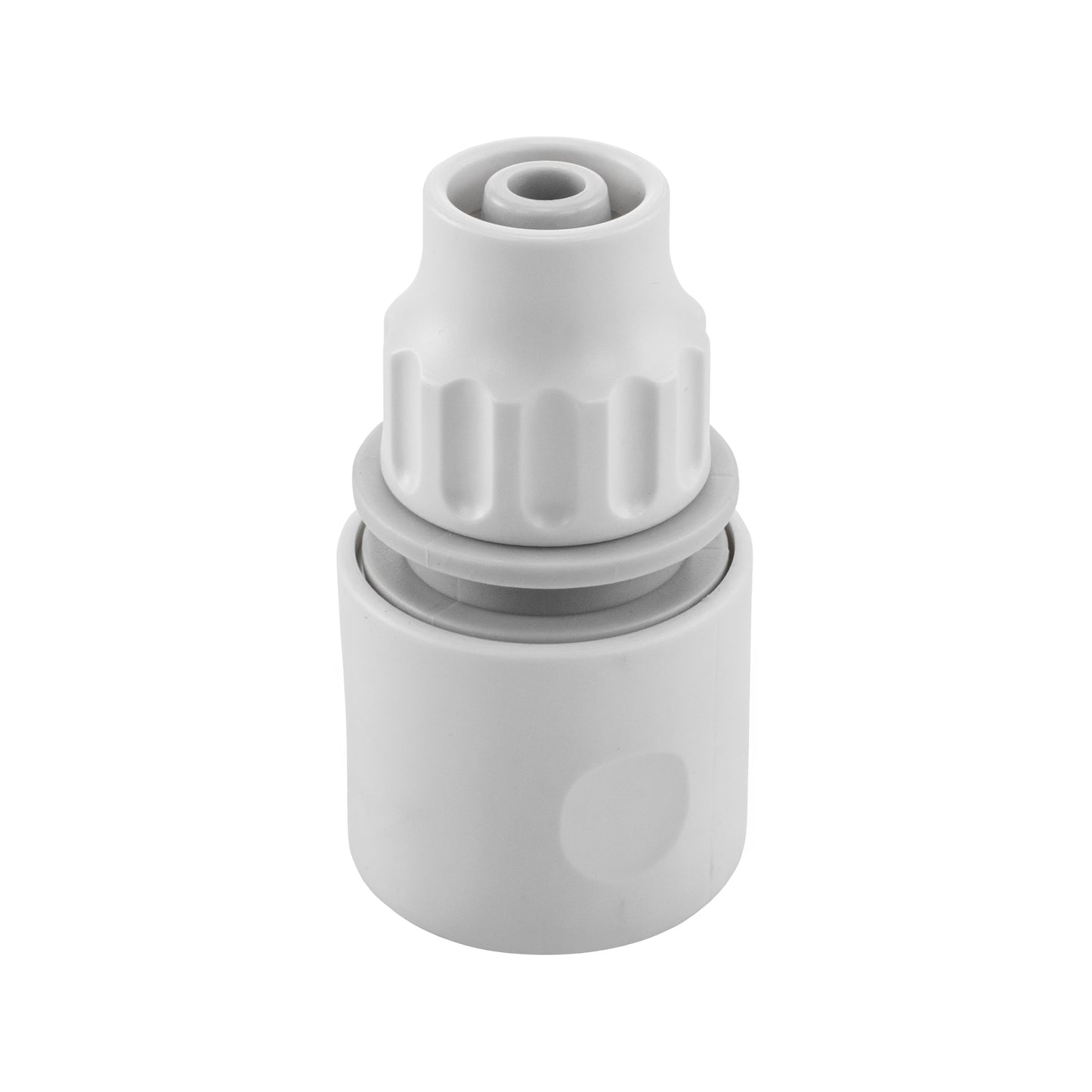10mm female hose connector in white/grey plastic, ridged grip and inlet opening