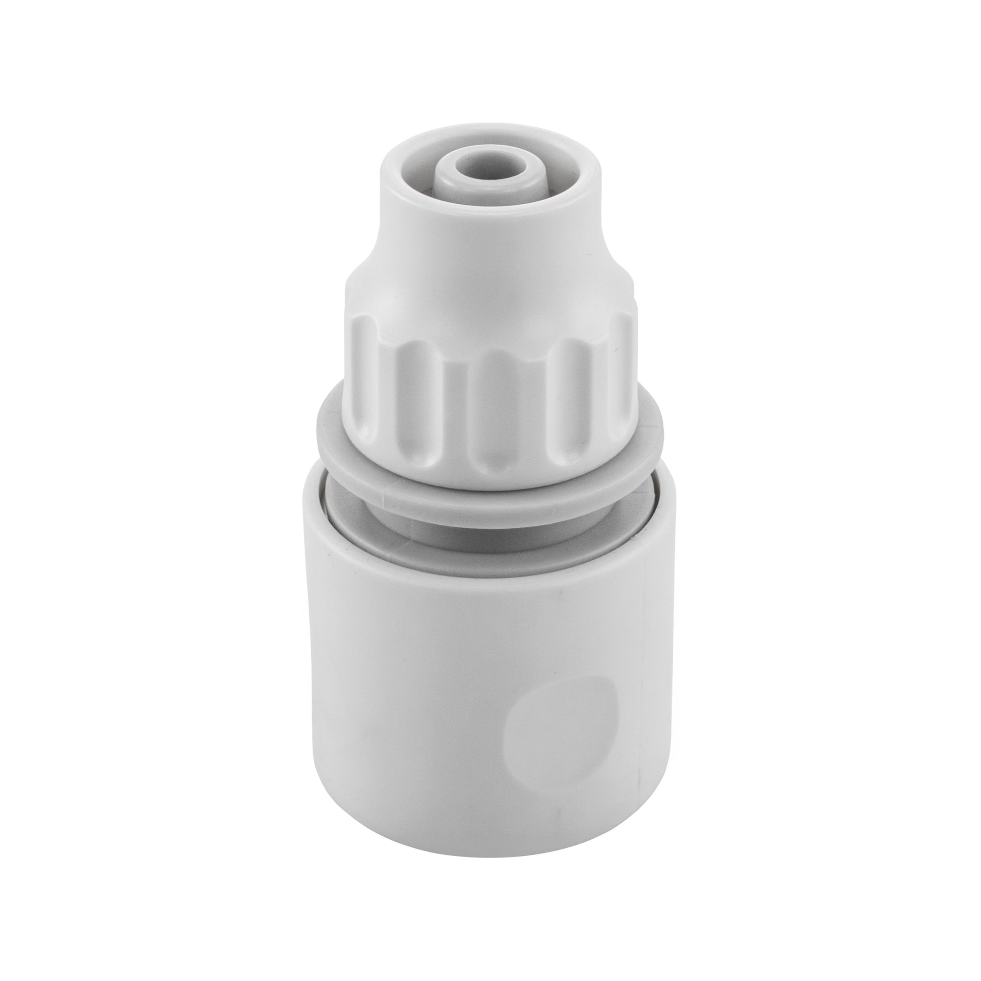 10mm female hose connector in white/grey plastic, ridged grip and inlet opening