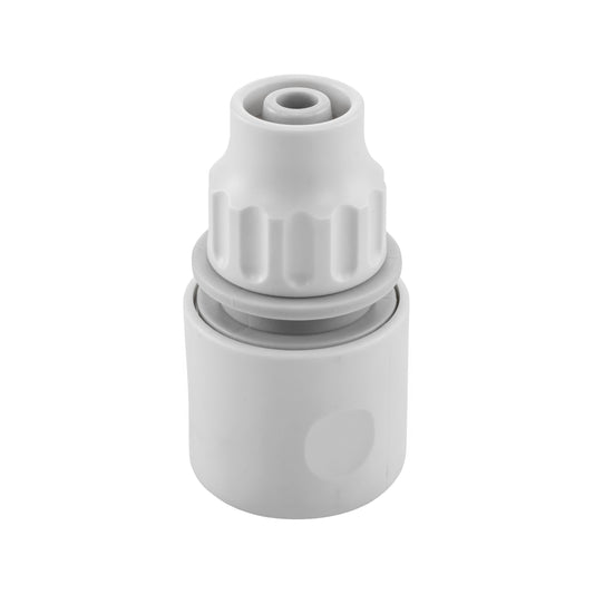 10mm female hose connector in white/grey plastic, ridged grip and inlet opening