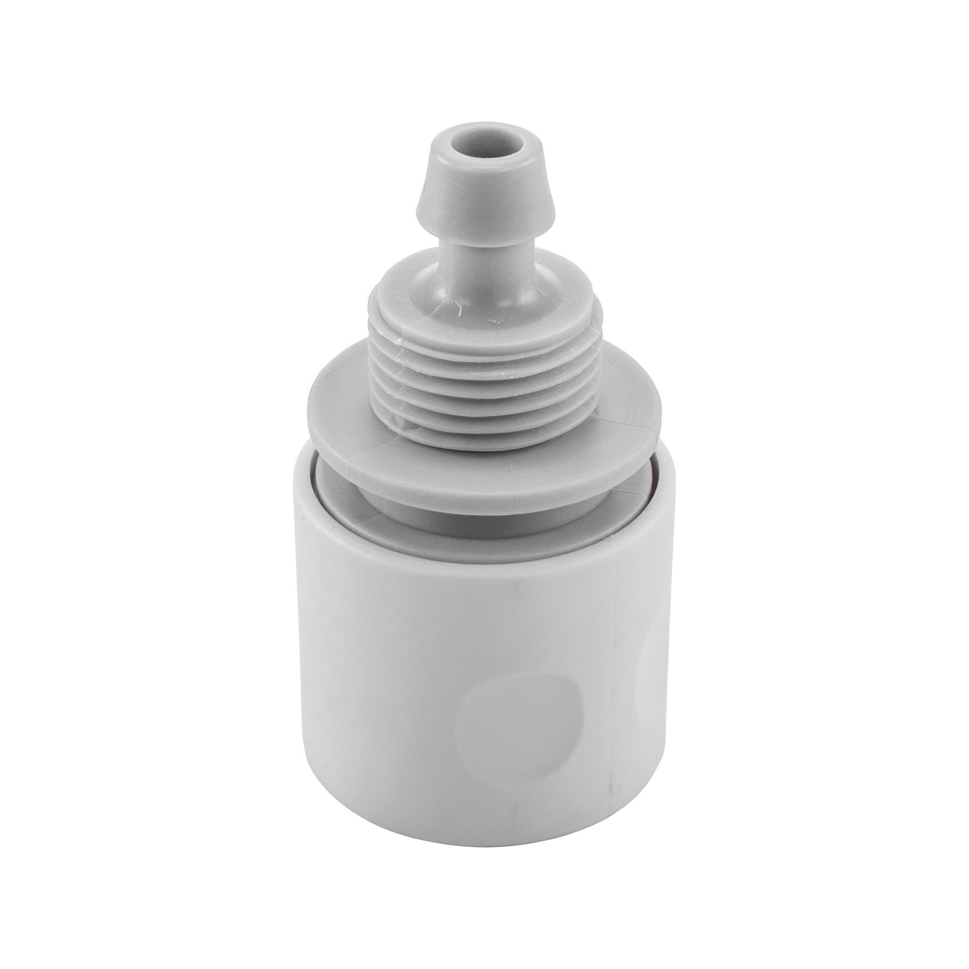 10mm female hose connector with threaded outer section, white/grey plastic