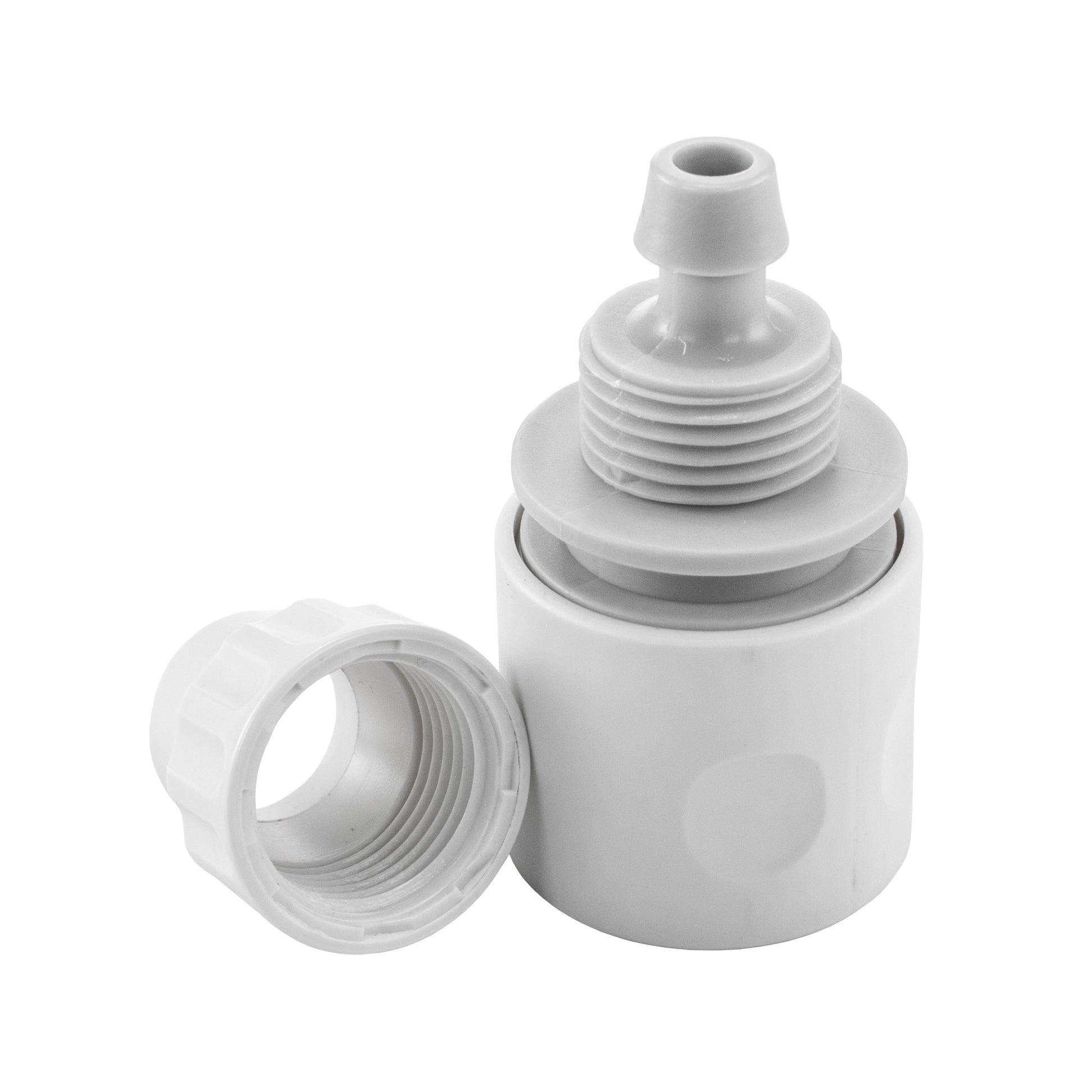 10mm female hose connector with internal threads, open end and coupling base, white/grey