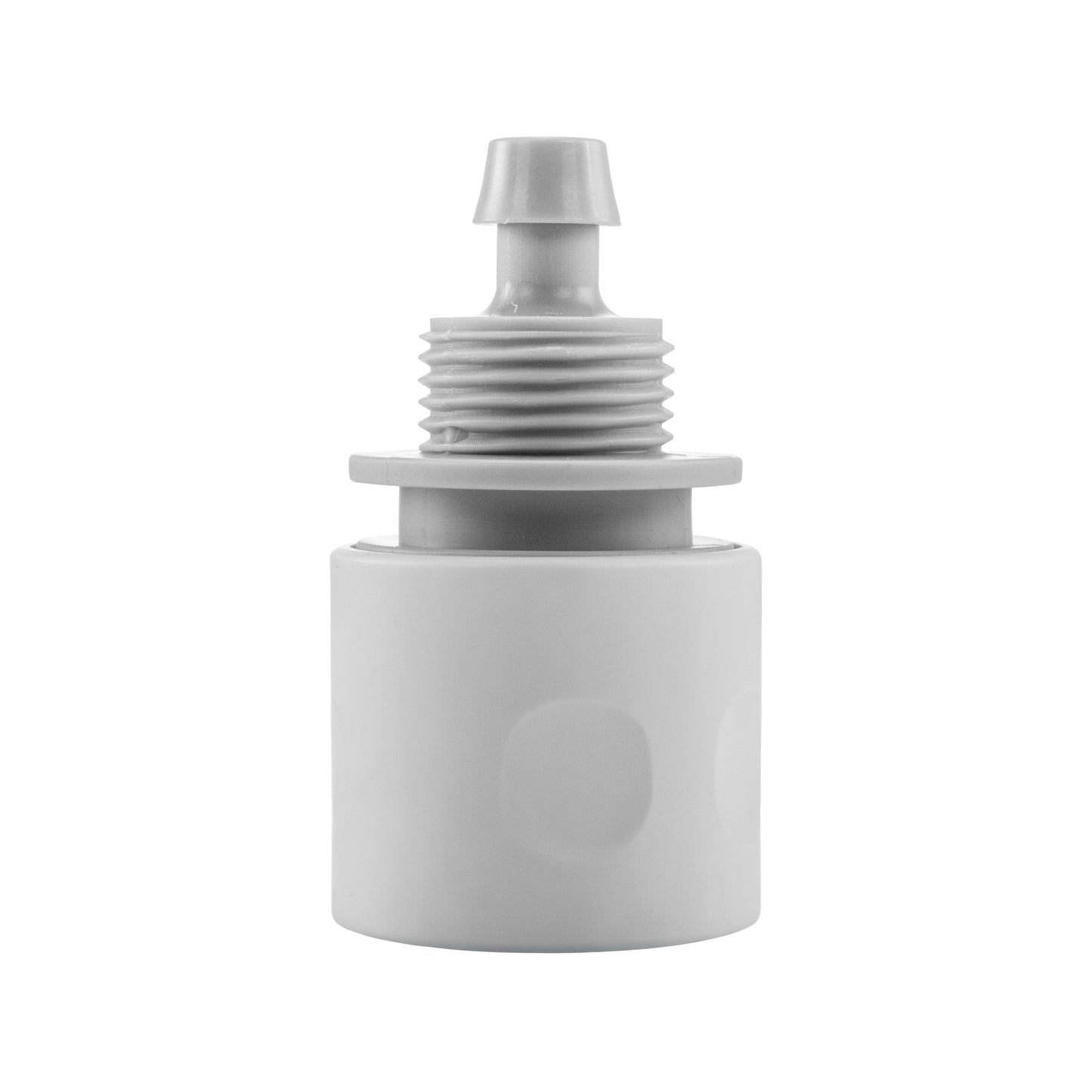 10mm female hose connector with exposed threads and flange, white/grey plastic
