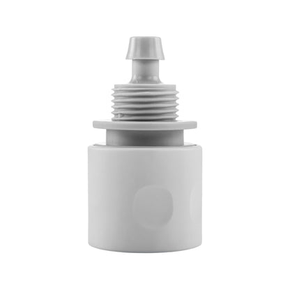 10mm female hose connector with exposed threads and flange, white/grey plastic