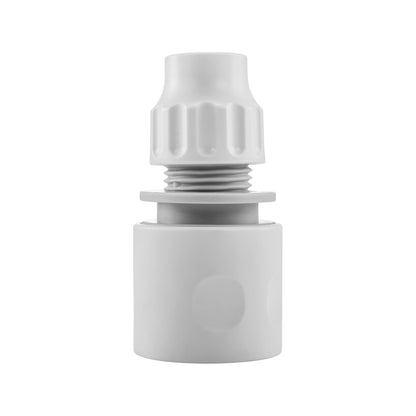 10mm female hose connector with ridged top collar and threaded base, white/grey