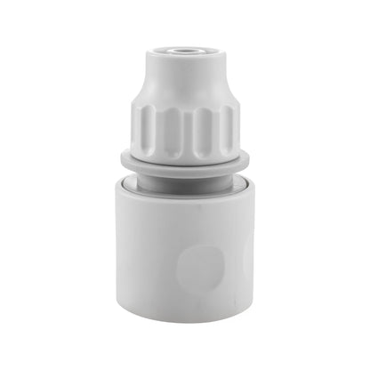 10mm female hose connector with ridged collar and sealing ring, white/grey plastic