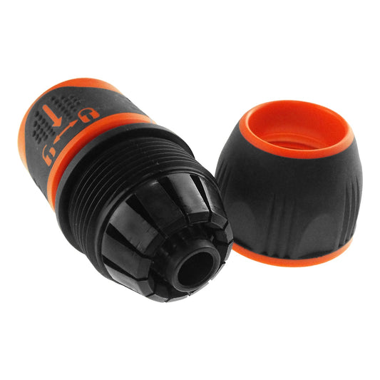 1/2–3/4" click and lock hose connector, black with orange grip