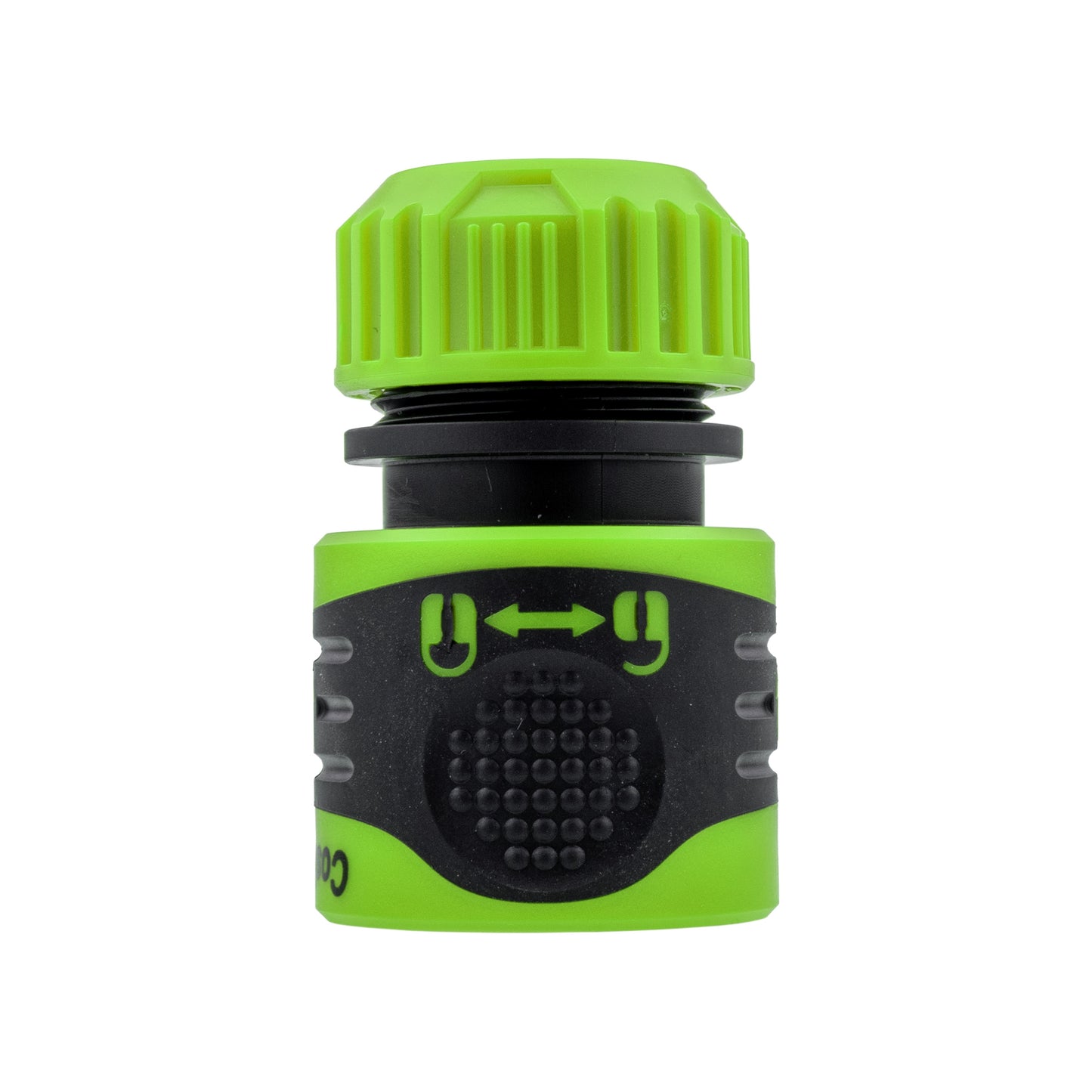 Green and black 1/2" click-lock hose connector with arrow indicators