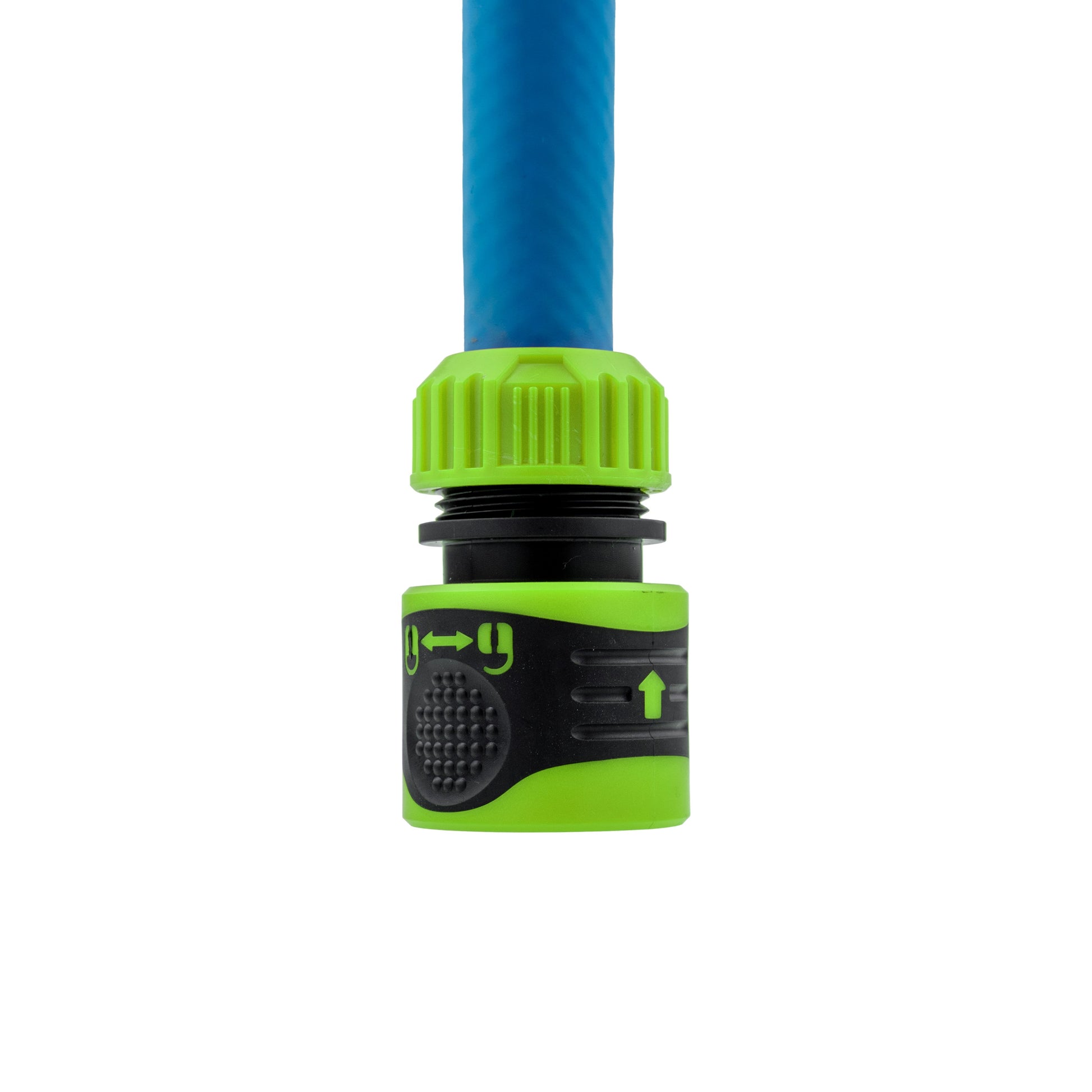 Green 1/2" click-lock hose connector attached to blue hose